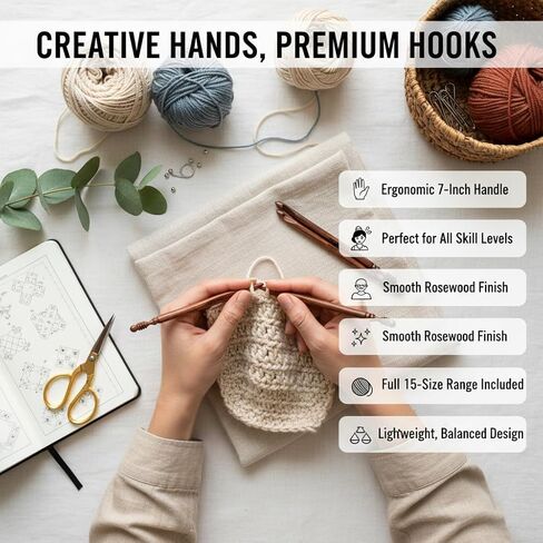 Wooden Crochet Hooks for Arthritic Hands - Ergonomic Soft Grip Handles with Engraved Sizes(3.5mm-25mm) - Rosewood Crochet Hook Set of 15 - for Chunky Yarns Crocheting - Gift for Her(Hooks Only) in Saudi Arabia