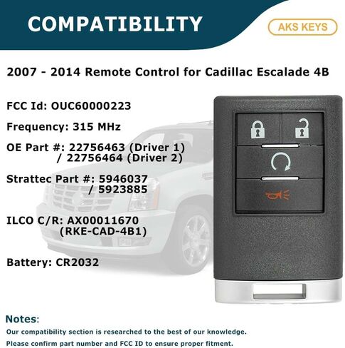 بديل لأزرار Cadillac Key Fob 4 التي تستخدم FCC OUC60000223 ورقم الجزء 22756463 ​​/ 22756464 متوافق مع 2007 - 2014 Escalade in Saudi Arabia