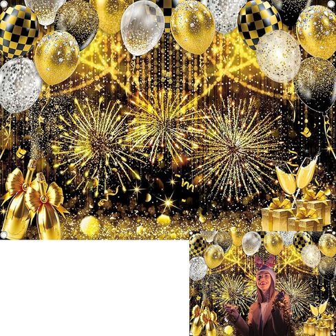 Black Gold Glitter Backdrop Black and Gold Ballon Photography Background Prom New Years Wedding Birthday Party Decoration Banner Photo Supplies (Gold, 7x5FT(82 x 59 inch)) in Kuwait