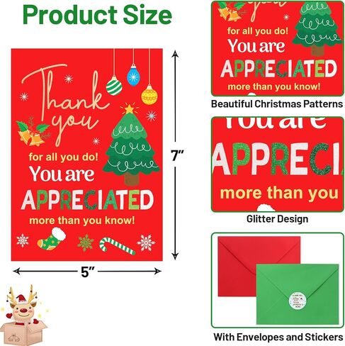 ceiba tree 20Pcs Christmas Appreciation Cards Glitter Holiday Thank You Cards with Envelopes for Teachers Employees Staff and Postman in Saudi Arabia