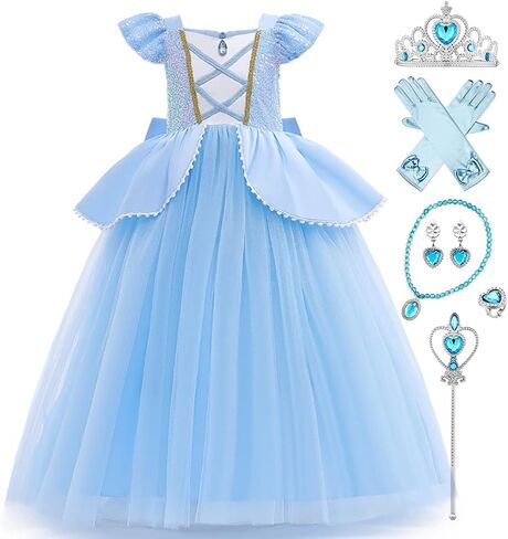 Kids Girls Princess Fancy Dress Up Costume Long Ball Gown+Wig Fairy Outfit Halloween Christmas Carnival Cosplay in Kuwait