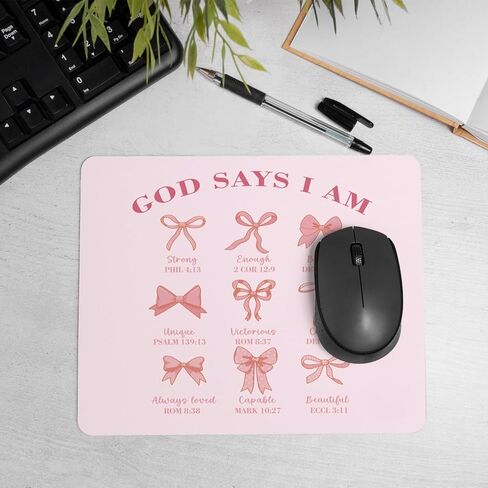 Coquette Pink Bow Christian God Say I Am Mouse Pad، Preppy Pink Bible Verse Mouse Pads Mousepad للمنزل والمكتب والنوم والكمبيوتر المحمول ومستلزمات مكتب الكمبيوتر المحمول، هدايا مسيحية للنساء، 8.7 × 7.1 بوصة in Saudi Arabia