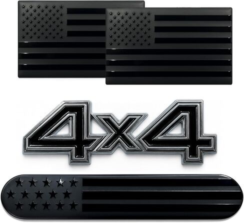 4 Pack Black Flag Emblems with 4x4 Badge, 3D Metal Decals Set for Truck SUV Motorcycle, Blackout Patriotic Car Stickers, Weatherproof Exterior Accessories (Black) in Saudi Arabia