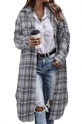 CHICZONE Womens Plaid Shacket Jacket Long Corduroy Shirt Casual Lapel Button Down Flannel Trench Coats in Saudi Arabia