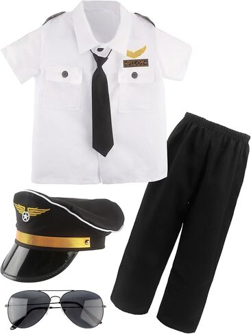 Children Pilot Costume Set Captain Uniform Dress Up for Kids Boys Halloween Cosplay Pretend Role Play Theme Party in Kuwait
