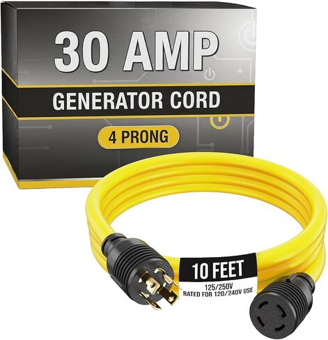Houseables 30 Amp Generator Cord 4 Prong, Extension Generator Cable, 25 Ft, 125-250v, 7500 watt max Rating, UL CUL, NEMA L-14-30P, Rubber, 10 Gauge, Heavy Duty, L14-30, Transfer, Twist Lock Power Cord in Kuwait