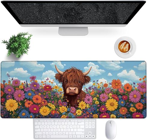 Furry Highland Cow Gaming Mouse Pad, 31.5"×11.8" Extended Desktop Mouse Pads for Keyboard Laptop Computer, Cute Cows in Daisy Field Large Desk Mat with Stitched Edges for Work Office Desk Decor in Saudi Arabia