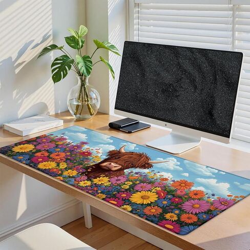 Furry Highland Cow Gaming Mouse Pad, 31.5"×11.8" Extended Desktop Mouse Pads for Keyboard Laptop Computer, Cute Cows in Daisy Field Large Desk Mat with Stitched Edges for Work Office Desk Decor in Saudi Arabia