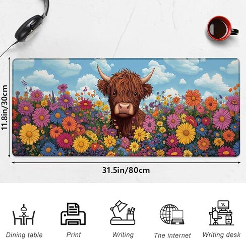 Furry Highland Cow Gaming Mouse Pad, 31.5"×11.8" Extended Desktop Mouse Pads for Keyboard Laptop Computer, Cute Cows in Daisy Field Large Desk Mat with Stitched Edges for Work Office Desk Decor in Saudi Arabia