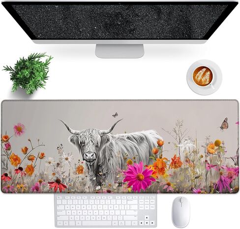 Furry Highland Cow Gaming Mouse Pad, 31.5"×11.8" Extended Desktop Mouse Pads for Keyboard Laptop Computer, Cute Cows in Daisy Field Large Desk Mat with Stitched Edges for Work Office Desk Decor in Saudi Arabia