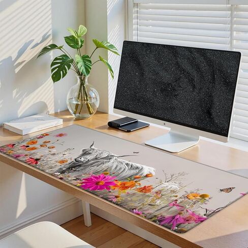 Furry Highland Cow Gaming Mouse Pad, 31.5"×11.8" Extended Desktop Mouse Pads for Keyboard Laptop Computer, Cute Cows in Daisy Field Large Desk Mat with Stitched Edges for Work Office Desk Decor in Saudi Arabia
