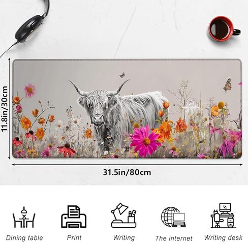 Furry Highland Cow Gaming Mouse Pad, 31.5"×11.8" Extended Desktop Mouse Pads for Keyboard Laptop Computer, Cute Cows in Daisy Field Large Desk Mat with Stitched Edges for Work Office Desk Decor in Saudi Arabia