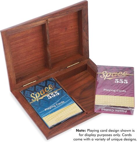 Ajuny Handcrafted Wooden Double Deck Playing Card Box Holder Decorative Storage Case Organizer With 2 Set of Playing Cards Anniversary Housewarming Gifts (15x12 cm) in Saudi Arabia