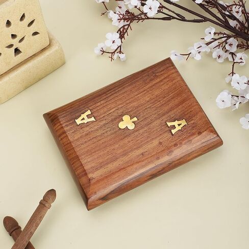 Ajuny Handcrafted Wooden Double Deck Playing Card Box Holder Decorative Storage Case Organizer With 2 Set of Playing Cards Anniversary Housewarming Gifts (15x12 cm) in Saudi Arabia