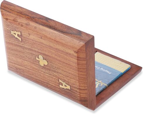 Ajuny Handcrafted Wooden Double Deck Playing Card Box Holder Decorative Storage Case Organizer With 2 Set of Playing Cards Anniversary Housewarming Gifts (15x12 cm) in Saudi Arabia