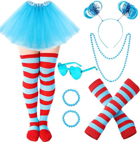 8 Tulle Tutu Costume Set for Women, Striped Knee Socks Tutu Skirt Stretchy Gloves Headband Necklace Bracelet Glasses in Saudi Arabia
