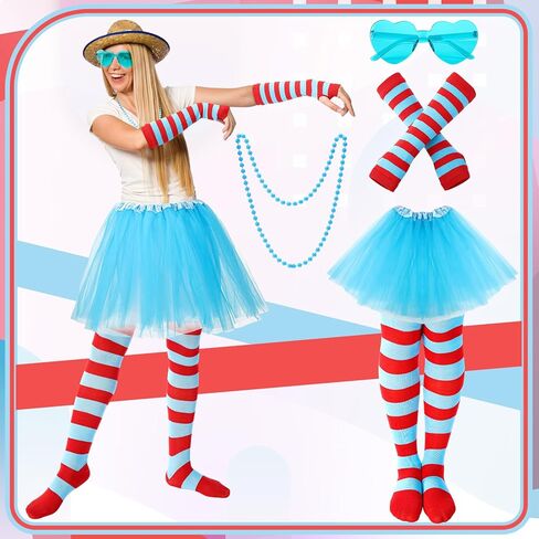 8 Tulle Tutu Costume Set for Women, Striped Knee Socks Tutu Skirt Stretchy Gloves Headband Necklace Bracelet Glasses in Saudi Arabia