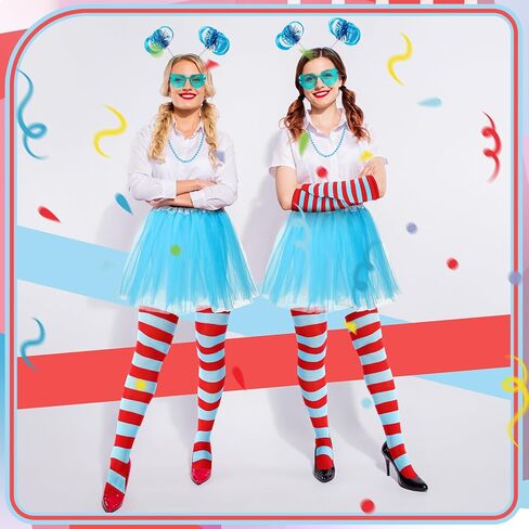 8 Tulle Tutu Costume Set for Women, Striped Knee Socks Tutu Skirt Stretchy Gloves Headband Necklace Bracelet Glasses in Saudi Arabia