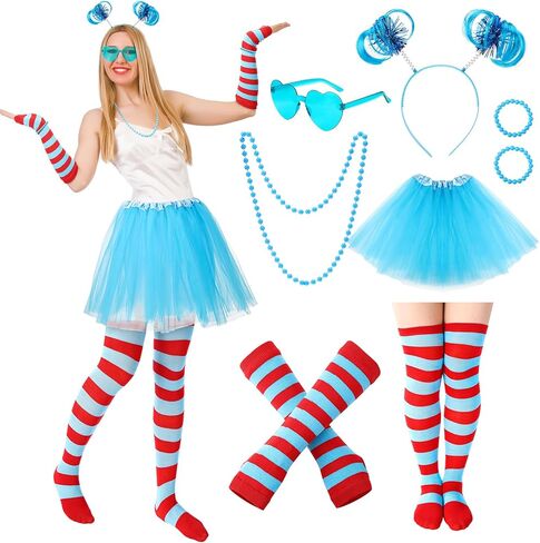 8 Tulle Tutu Costume Set for Women, Striped Knee Socks Tutu Skirt Stretchy Gloves Headband Necklace Bracelet Glasses in Saudi Arabia