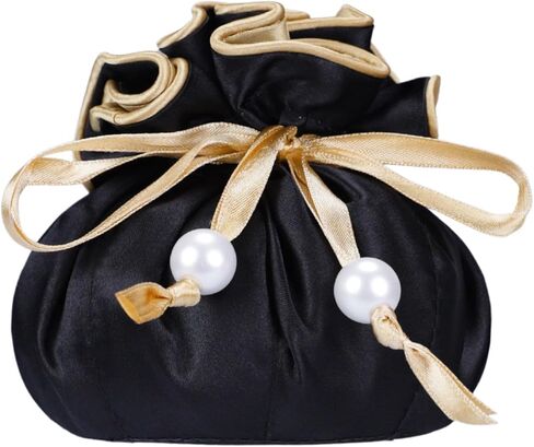 Marisa D'Amico Drawstring Premium Satin Jewelry Pouch with 8 Interior Pockets, Black + Silver in Kuwait