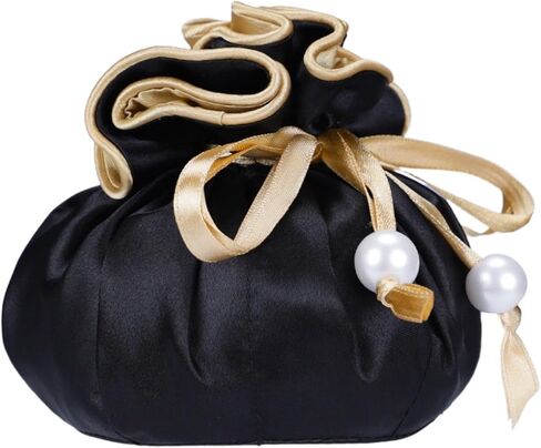 Marisa D'Amico Drawstring Premium Satin Jewelry Pouch with 8 Interior Pockets, Black + Silver in Kuwait