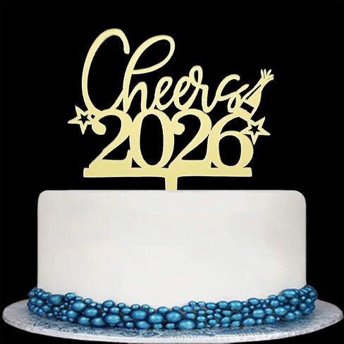 Cheer to 2026 Cake Topper, Mirror Gold Happy New Year 2026 Acrylic Cake Decorations, Welcome 2026 New Year's Eve Carnival, Happy 2026 Party Decorations Supplies in Saudi Arabia