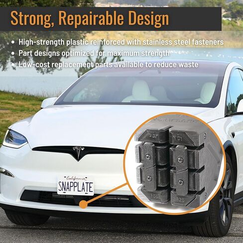 SnapPlate+ حامل لوحة الترخيص الأمامية - يناسب طراز Tesla X (أكتوبر 2021-2025) - تصميم غير معدني آمن للشبكة، مضاد للسرقة، قابل للإزالة، قابل لضبط الارتفاع، صنع في الولايات المتحدة الأمريكية in Kuwait
