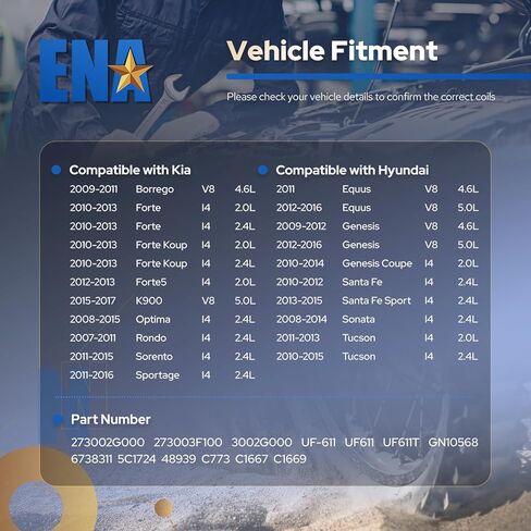 ENA Set of 8 Ignition Coil Pack Compatible with Hyundai Kia Equus Genesis Coupe Santa Fe Sonata Tucson Borrego Forte K900 Optima Rondo Sorento 2.0L 2.4L 4.6L 5.0L L4 V8 Coils for UF611 C1667 in Saudi Arabia