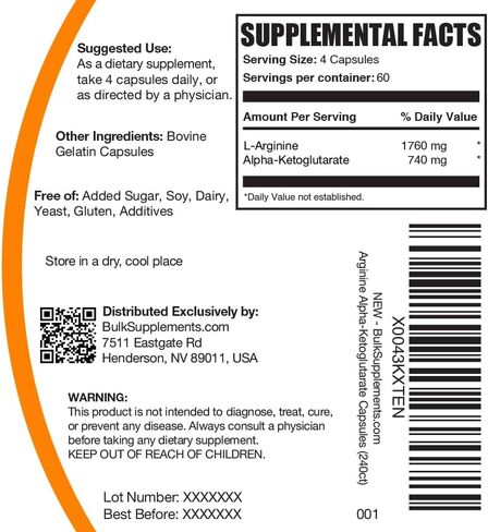 BulkSupplements.com كبسولات AAKG - مكمل الأرجينين AKG، مكمل أكسيد النيتريك - نقي وخالي من الغلوتين، 4 كبسولات لكل وجبة (2500 مجم)، 240 كبسولة (عبوة من 1) in Saudi Arabia