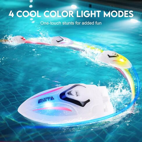 قارب RC صغير، قوارب RC لطيفة بسرعة 10 كيلو في الساعة مع بطارية 100 مللي أمبير في الساعة، محرك مزدوج، ضوء LED، متعة في حمام السباحة/حوض الاستحمام/حوض الغسيل/البحيرة. in Kuwait