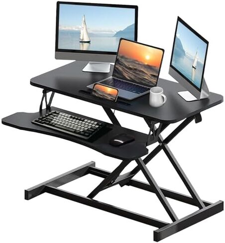 32 Inch Desk Converter, Height Adjustable Sit to Stand Riser, Dual Monitor and Laptop Workstation with Wide Keyboard Tray, Black in Saudi Arabia