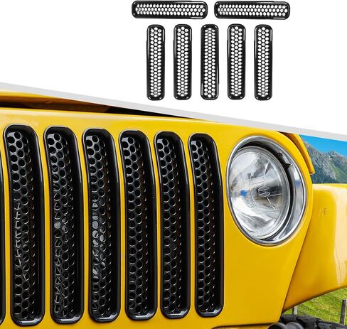 Jimen لإدراج شبكة TJ، 7 قطع من شبكة الشبكة الأمامية مناسبة لسيارة Jeep Wrangler TJ 1997-2006 (أسود) in Kuwait