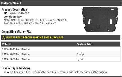 Lower Undercar Engine Shield Cover - Compatible with 2013-2020 Ford Fusion 1.5L 1.6L 2.0L 2.5L FWD in Saudi Arabia