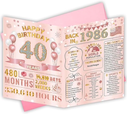 HOMANGA 40th Birthday Card for Women Her, Back in 1986 Card with Envelope, 40th Birthday Gifts for Women, Mom, Wife, Sister, Daughter (Rose Gold) in Saudi Arabia