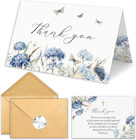 25 Pcs Funeral Thank You Cards with Envelopes, 4×6 In Watercolor Blue Flower Bereavement Card for Funeral Family Friends Loved Ones Celebration of Life in Saudi Arabia