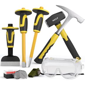 INCLY 7 Pcs Geology Rock Pick Equipment Kit, 3lb Sledge &32 oz Rock Hammer with 2PCS 12" Mason Concrete Chisel.Safety Glasses, Jewelers loupe, Tool Set for Hounding, GoldMining, Stone Breaking in Kuwait