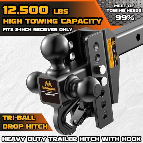 Adjustable Trailer Hitch -Drop Hitch -Tri Ball Mount with Hook (1-7/8'', 2''&2-5/16''), Fits 2-Inch Receiver, 6'' Drop/Rise 12,500 LBS GTW Tow Hitch, 3 Ball Hitches for Trucks, RV, Camper etc in Saudi Arabia