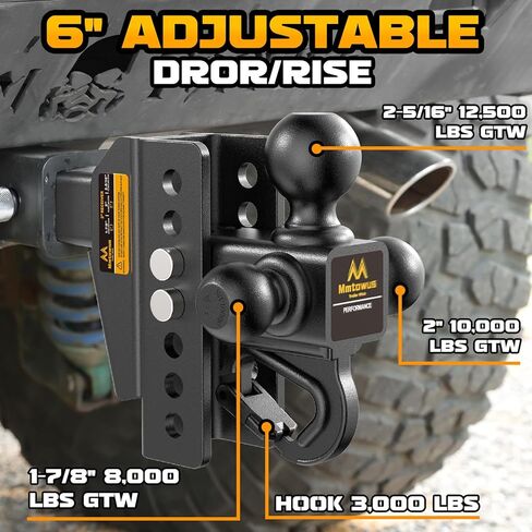 Adjustable Trailer Hitch -Drop Hitch -Tri Ball Mount with Hook (1-7/8'', 2''&2-5/16''), Fits 2-Inch Receiver, 6'' Drop/Rise 12,500 LBS GTW Tow Hitch, 3 Ball Hitches for Trucks, RV, Camper etc in Saudi Arabia