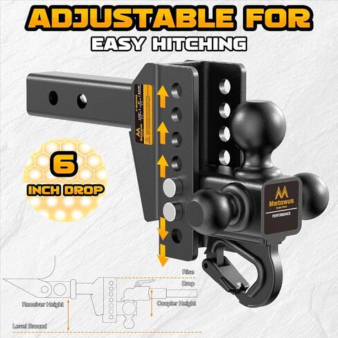 Adjustable Trailer Hitch -Drop Hitch -Tri Ball Mount with Hook (1-7/8'', 2''&2-5/16''), Fits 2-Inch Receiver, 6'' Drop/Rise 12,500 LBS GTW Tow Hitch, 3 Ball Hitches for Trucks, RV, Camper etc in Saudi Arabia