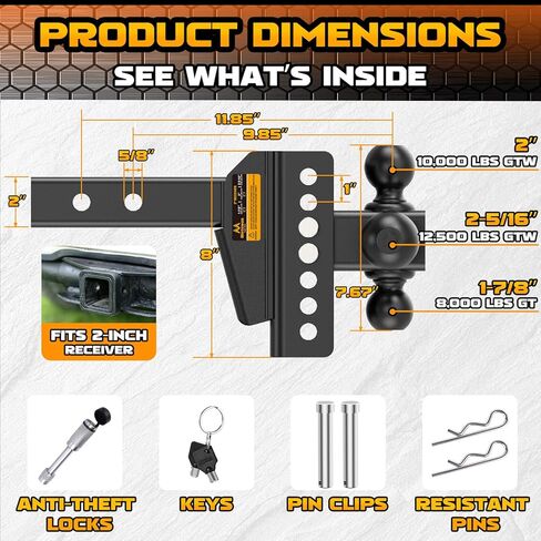 Adjustable Trailer Hitch -Drop Hitch -Tri Ball Mount with Hook (1-7/8'', 2''&2-5/16''), Fits 2-Inch Receiver, 6'' Drop/Rise 12,500 LBS GTW Tow Hitch, 3 Ball Hitches for Trucks, RV, Camper etc in Saudi Arabia