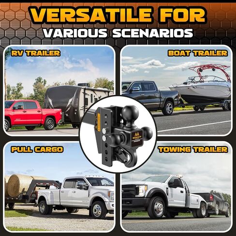 Adjustable Trailer Hitch -Drop Hitch -Tri Ball Mount with Hook (1-7/8'', 2''&2-5/16''), Fits 2-Inch Receiver, 6'' Drop/Rise 12,500 LBS GTW Tow Hitch, 3 Ball Hitches for Trucks, RV, Camper etc in Saudi Arabia