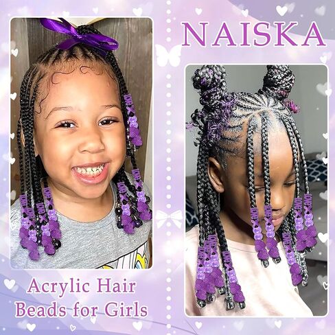 NAISKA 60PCS Purple Heart Hair Jewelry for Braid Large Beads Dreadlock for Kid Girl Multi Shape Pony Beads Loc Dreadlock Accessories Cute Braids Hair Decoration for Women and Girls in Saudi Arabia