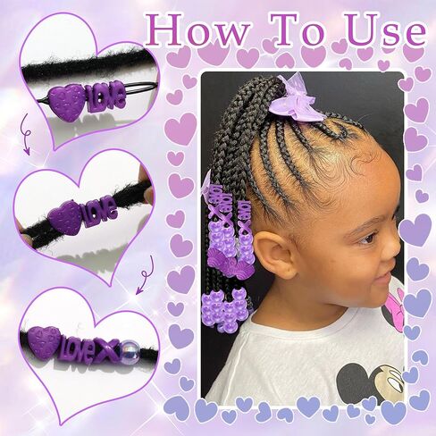 NAISKA 60PCS Purple Heart Hair Jewelry for Braid Large Beads Dreadlock for Kid Girl Multi Shape Pony Beads Loc Dreadlock Accessories Cute Braids Hair Decoration for Women and Girls in Saudi Arabia