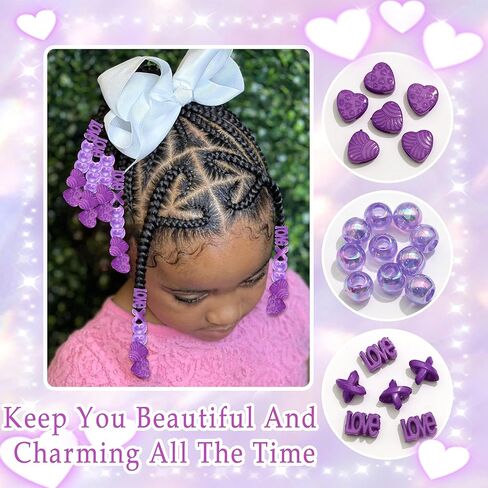 NAISKA 60PCS Purple Heart Hair Jewelry for Braid Large Beads Dreadlock for Kid Girl Multi Shape Pony Beads Loc Dreadlock Accessories Cute Braids Hair Decoration for Women and Girls in Saudi Arabia