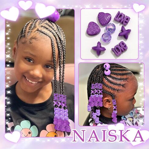 NAISKA 60PCS Purple Heart Hair Jewelry for Braid Large Beads Dreadlock for Kid Girl Multi Shape Pony Beads Loc Dreadlock Accessories Cute Braids Hair Decoration for Women and Girls in Saudi Arabia