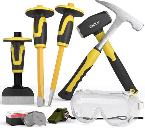 INCLY 7 Pcs Geology Rock Pick Equipment Kit, 3lb Sledge &32 oz Rock Hammer with 2PCS 12" Mason Concrete Chisel.Safety Glasses, Jewelers loupe, Tool Set for Hounding, GoldMining, Stone Breaking in Kuwait