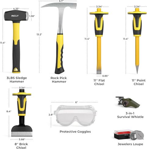 INCLY 7 Pcs Geology Rock Pick Equipment Kit, 3lb Sledge &32 oz Rock Hammer with 2PCS 12" Mason Concrete Chisel.Safety Glasses, Jewelers loupe, Tool Set for Hounding, GoldMining, Stone Breaking in Kuwait