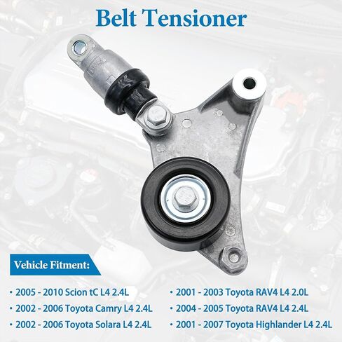 Belt Tensioner Assembly with Pulley Compatible with 2001-2005 Toyota RAV4, 2001-2007 Highlander, 2002-2006 Camry, 2005-2010 Scion tC, 2002-2006 Solara, Replaces# 166200W110, 1662028010 in Saudi Arabia
