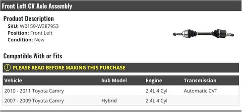 Front Left Driver Side CV Axle Assembly - Compatible with 2007-2011 Toyota Camry Hybrid 2.4L 4-Cylinder in Saudi Arabia
