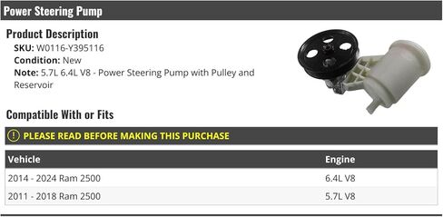 Power Steering Pump Assembly - with Pulley and Reservoir - Compatible with 2011-2024 Ram 2500 in Saudi Arabia